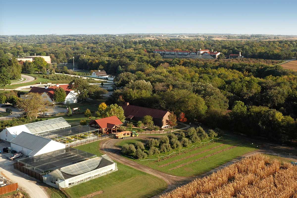 Aerial view of Arbor Day Farm in autumn
